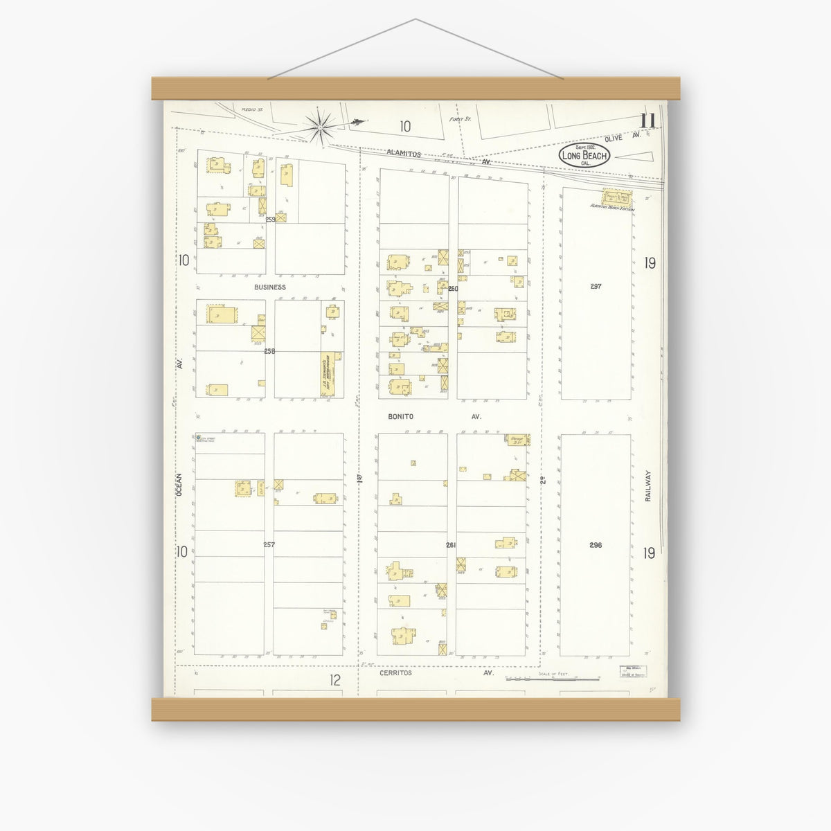 Old map wall art mockup — magnetic wood frame on white wall — Sanborn Fire Insurance Map from Long Beach, Los Angeles County, California (1902), Sheet #0011