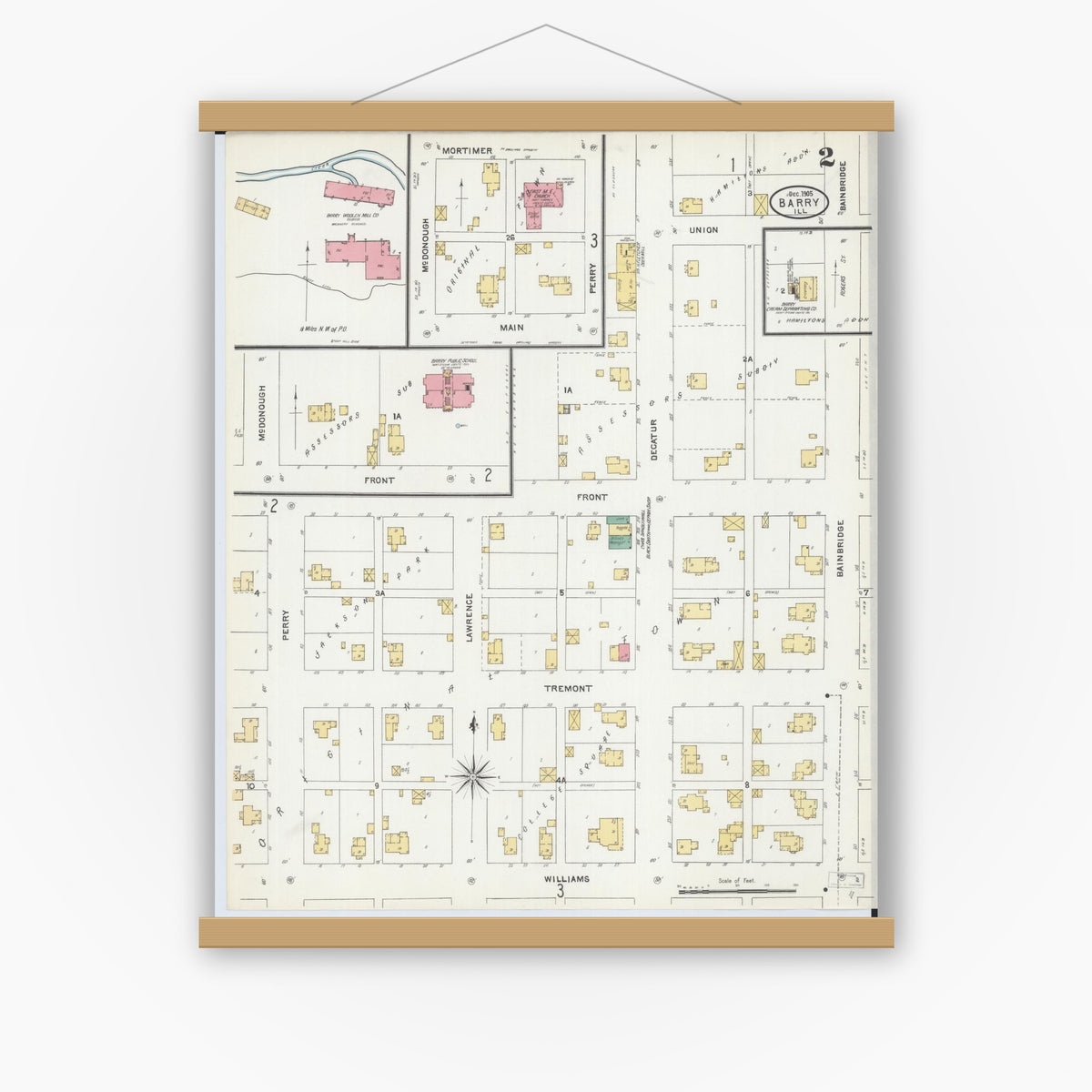 Old map wall art mockup — magnetic wood frame on white wall — Sanborn Fire Insurance Map from Barry, Pike County, Illinois (1905), Sheet #0002