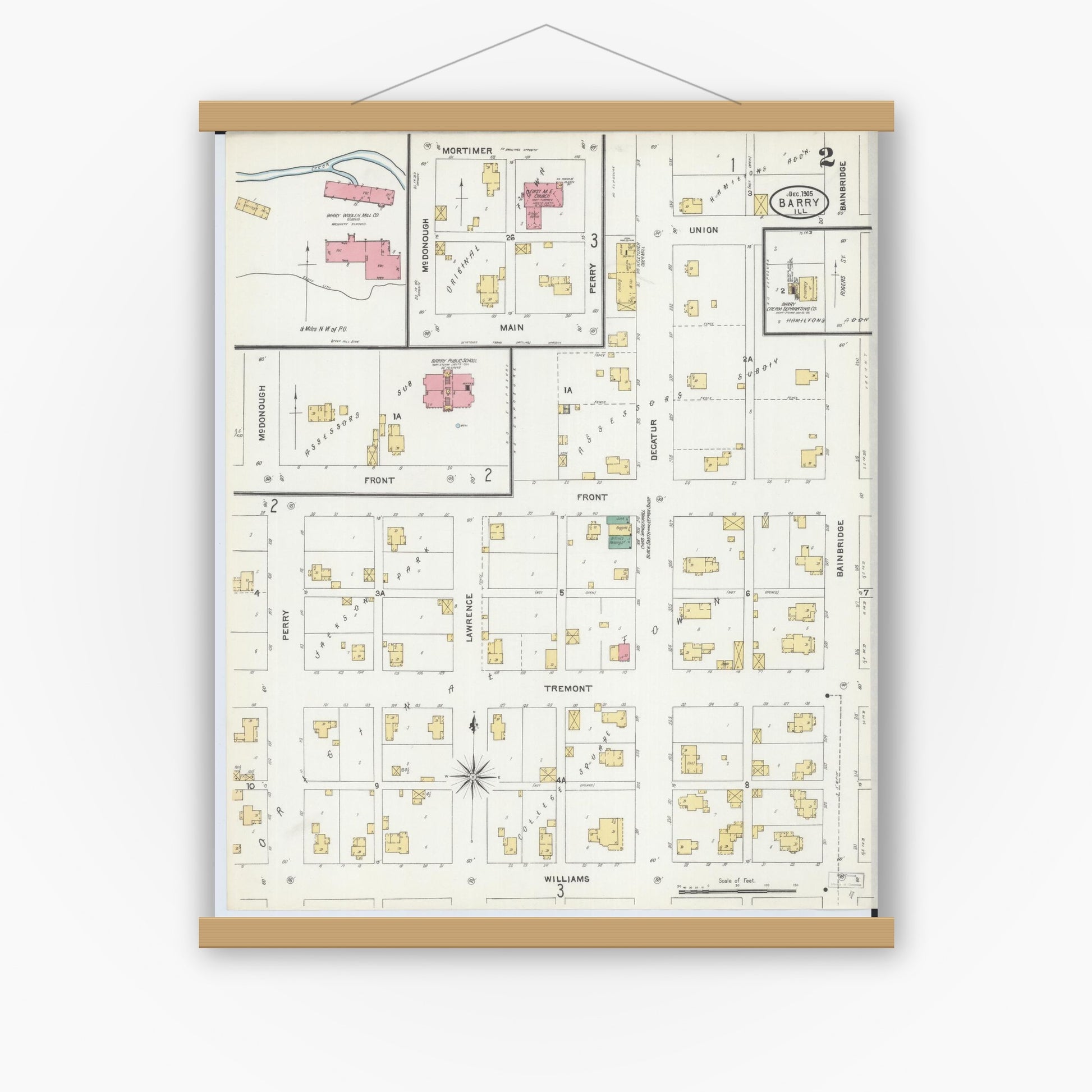 Old map wall art mockup — magnetic wood frame on white wall — Sanborn Fire Insurance Map from Barry, Pike County, Illinois (1905), Sheet #0002