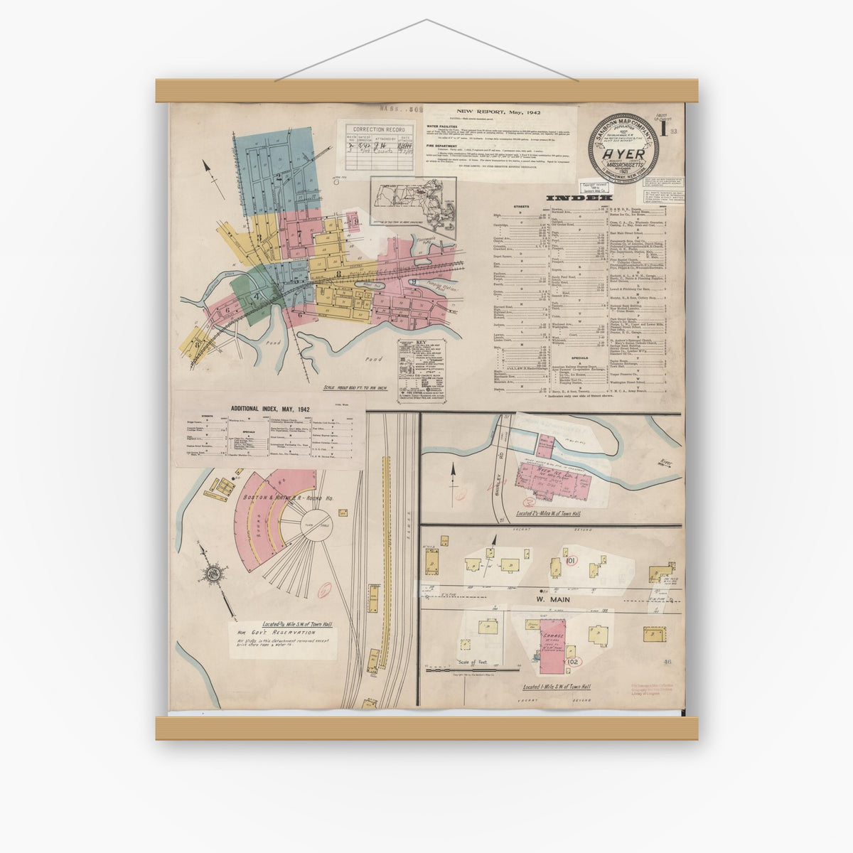 Old map wall art mockup — magnetic wood frame on white wall — Sanborn Fire Insurance Map from Ayer, Middlesex County, Massachusetts (1949), Sheet #0001