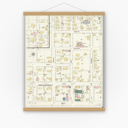 Old map wall art mockup — magnetic wood frame on white wall — Sanborn Fire Insurance Map from Jasper, Dubois County, Indiana (1909), Sheet #0002