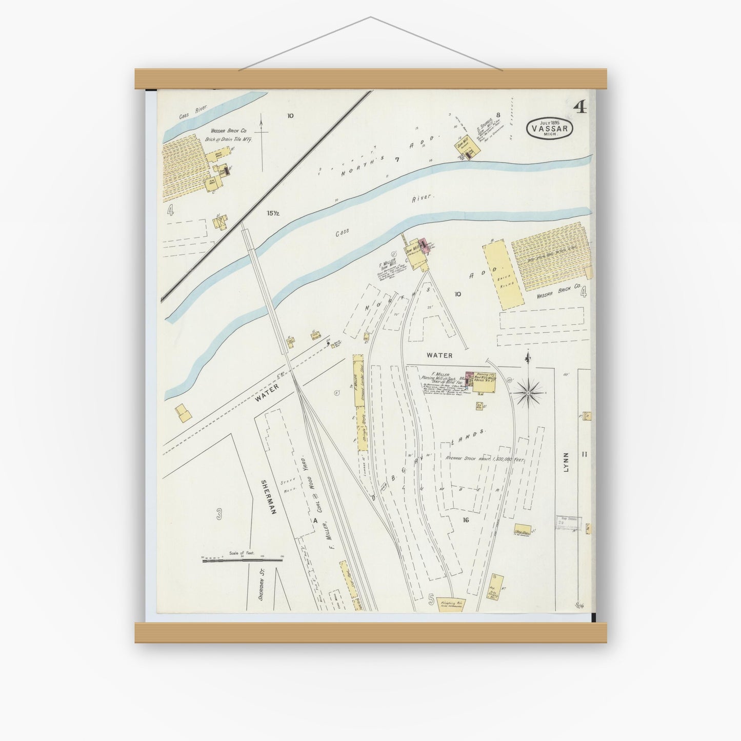 Old map wall art mockup — magnetic wood frame on white wall — Sanborn Fire Insurance Map from Vassar, Tuscola County, Michigan (1895), Sheet #0004