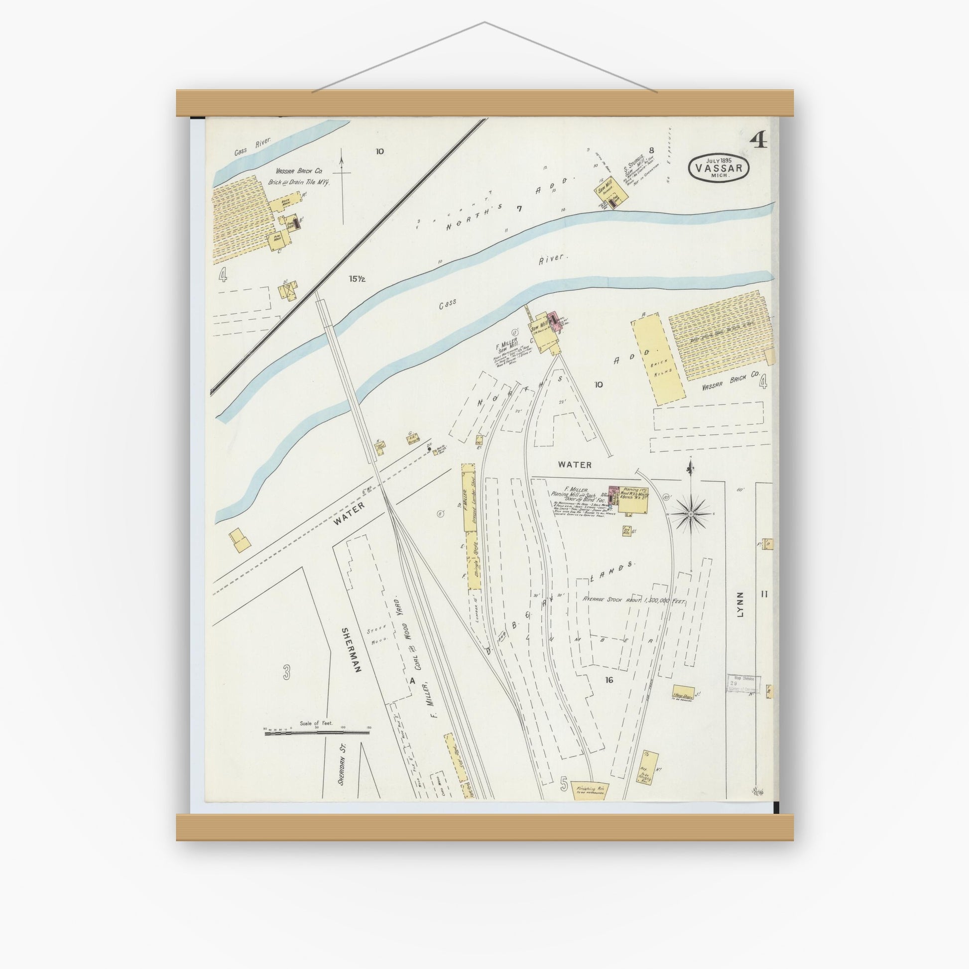 Old map wall art mockup — magnetic wood frame on white wall — Sanborn Fire Insurance Map from Vassar, Tuscola County, Michigan (1895), Sheet #0004