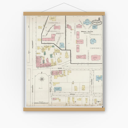Old map wall art mockup — magnetic wood frame on white wall — Sanborn Fire Insurance Map from Amherst, Hampshire County, Massachusetts (1887), Sheet #0002