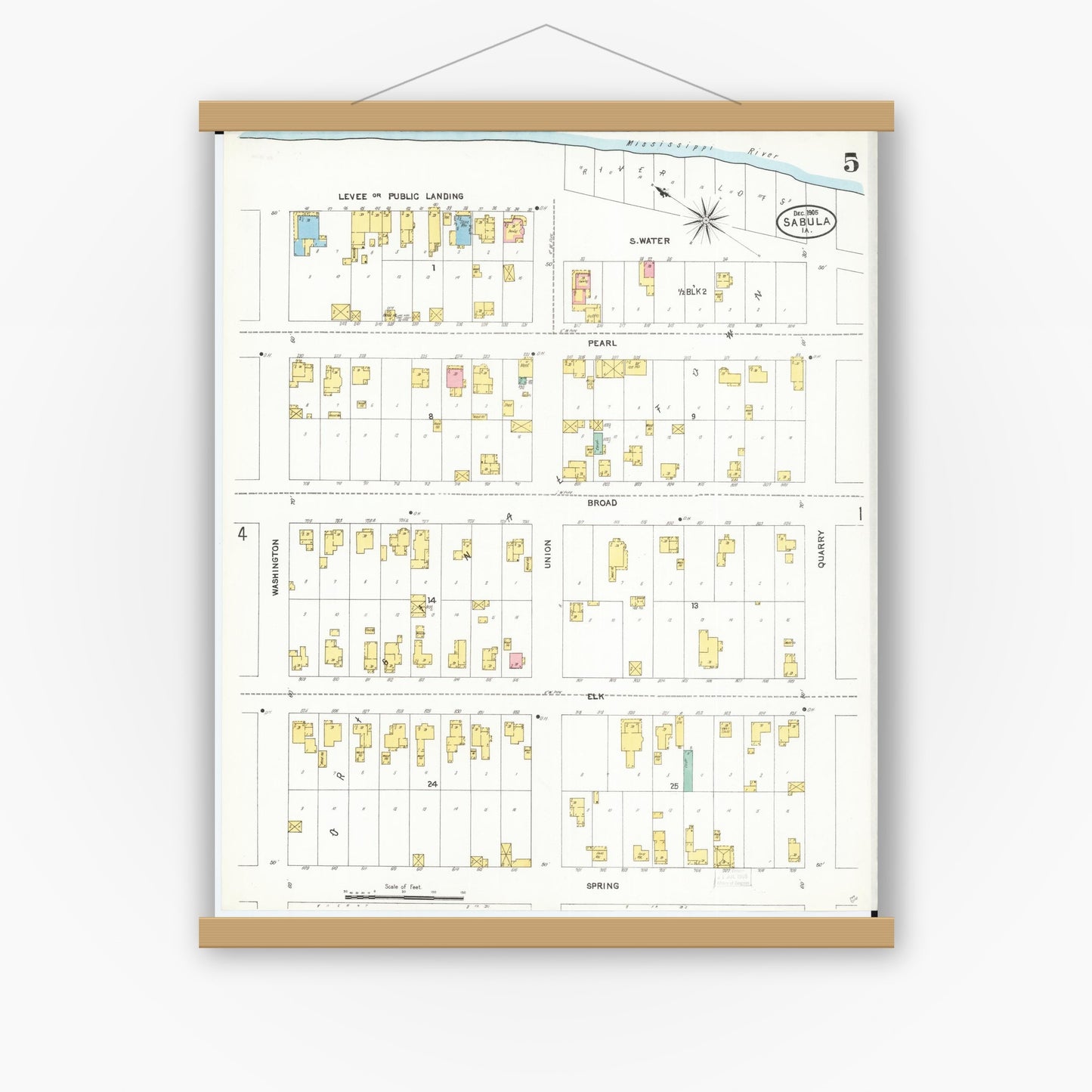 Old map wall art mockup — magnetic wood frame on white wall — Sanborn Fire Insurance Map from Sabula, Jackson County, Iowa (1905), Sheet #0005