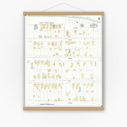 Old map wall art mockup — magnetic wood frame on white wall — Sanborn Fire Insurance Map from Sabula, Jackson County, Iowa (1905), Sheet #0005