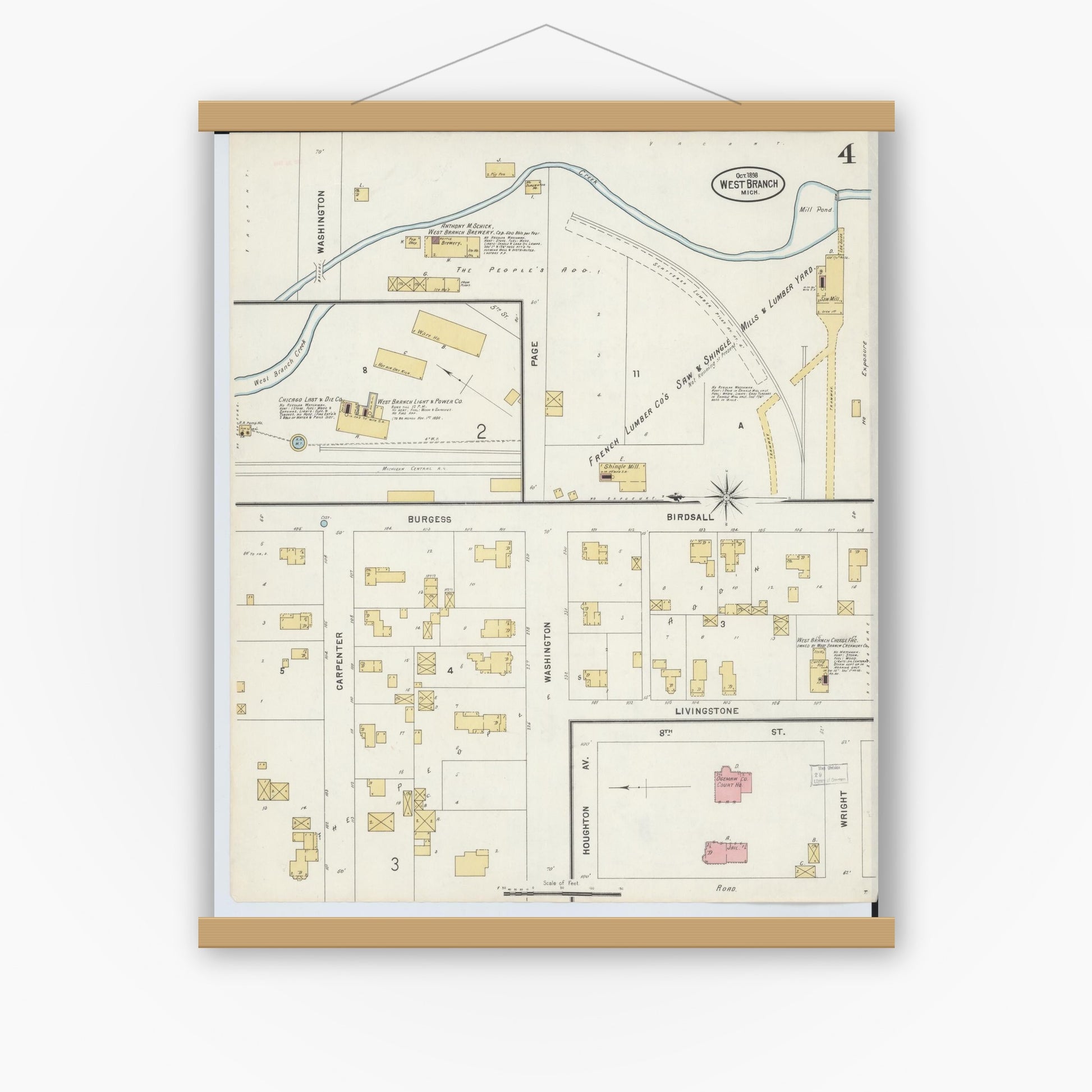 Old map wall art mockup — magnetic wood frame on white wall — Sanborn Fire Insurance Map from West Branch, Ogemaw County, Michigan (1898), Sheet #0004