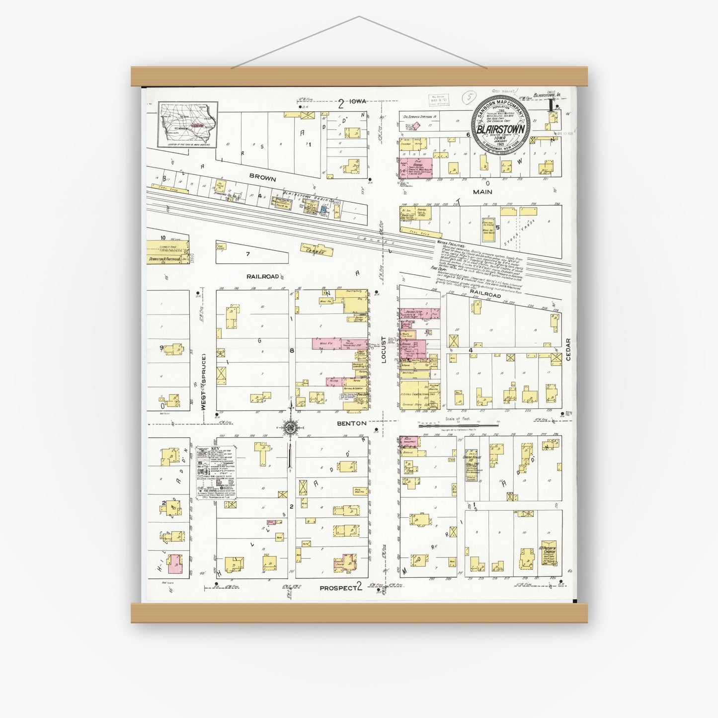 Old map wall art mockup — magnetic wood frame on white wall — Sanborn Fire Insurance Map from Blairstown, Benton County, Iowa (1921), Sheet #0001