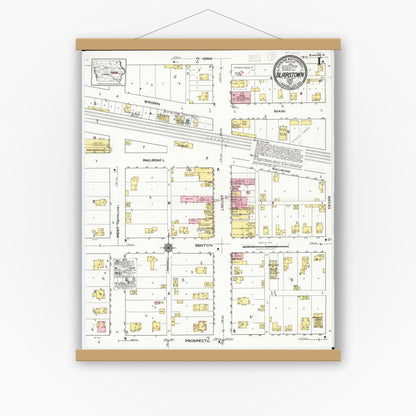 Old map wall art mockup — magnetic wood frame on white wall — Sanborn Fire Insurance Map from Blairstown, Benton County, Iowa (1921), Sheet #0001