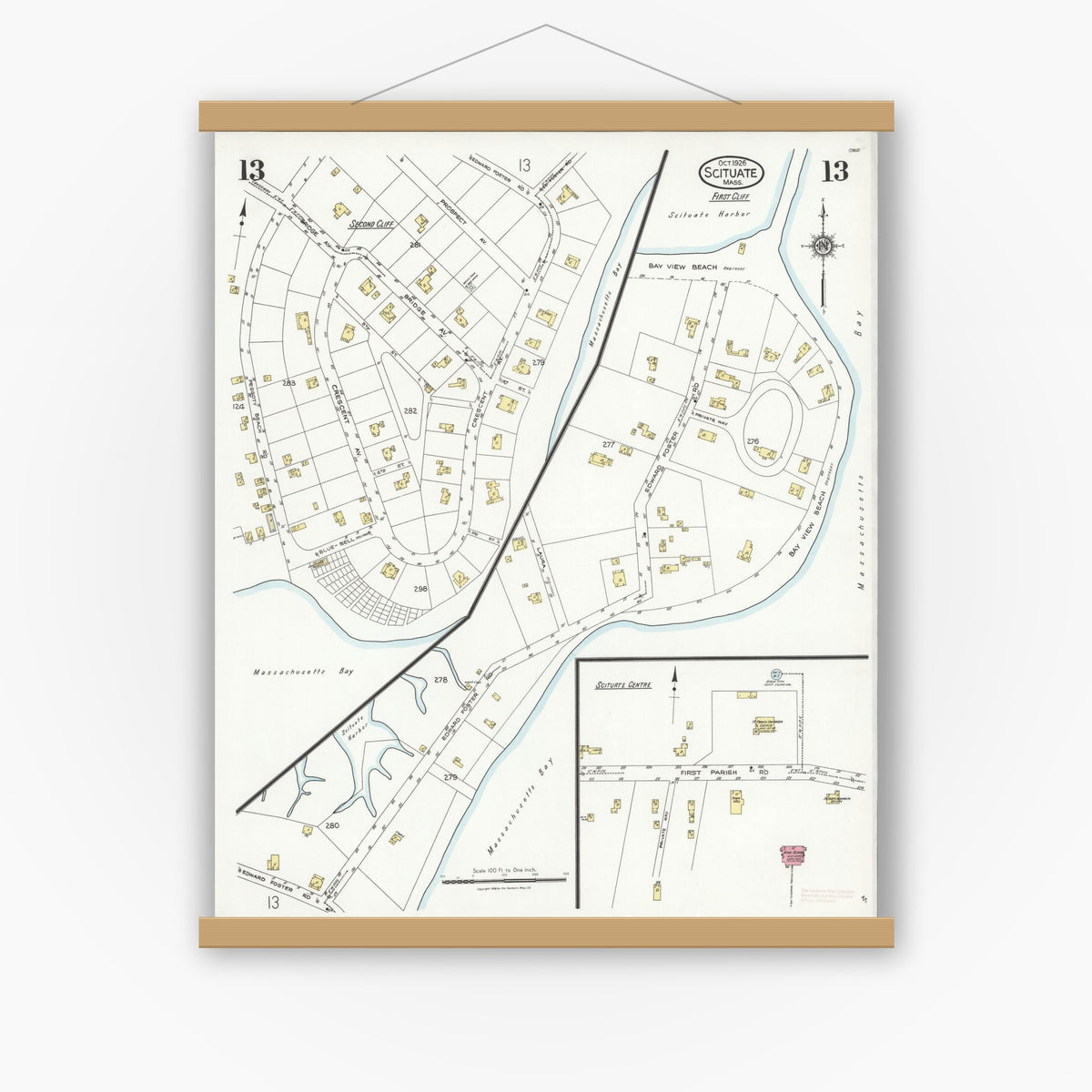 Old map wall art mockup — magnetic wood frame on white wall — Sanborn Fire Insurance Map from Scituate, Plymouth County, Massachusetts (1926), Sheet #0013