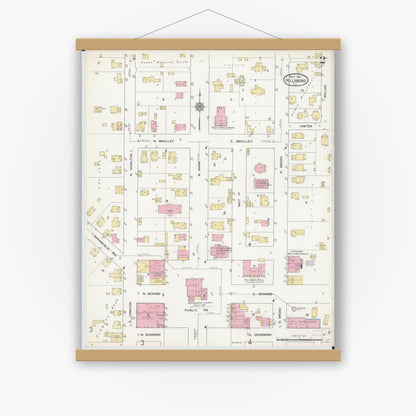 Old map wall art mockup — magnetic wood frame on white wall — Sanborn Fire Insurance Map from Hillsboro, Montgomery County, Illinois (1912), Sheet #0002
