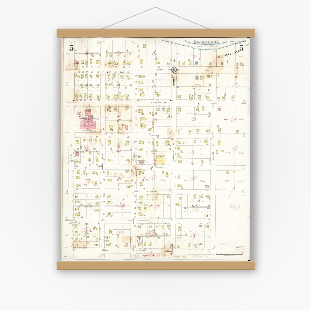 Old map wall art mockup — magnetic wood frame on white wall — Sanborn Fire Insurance Map from Marengo, Iowa County, Iowa (1942), Sheet #0005