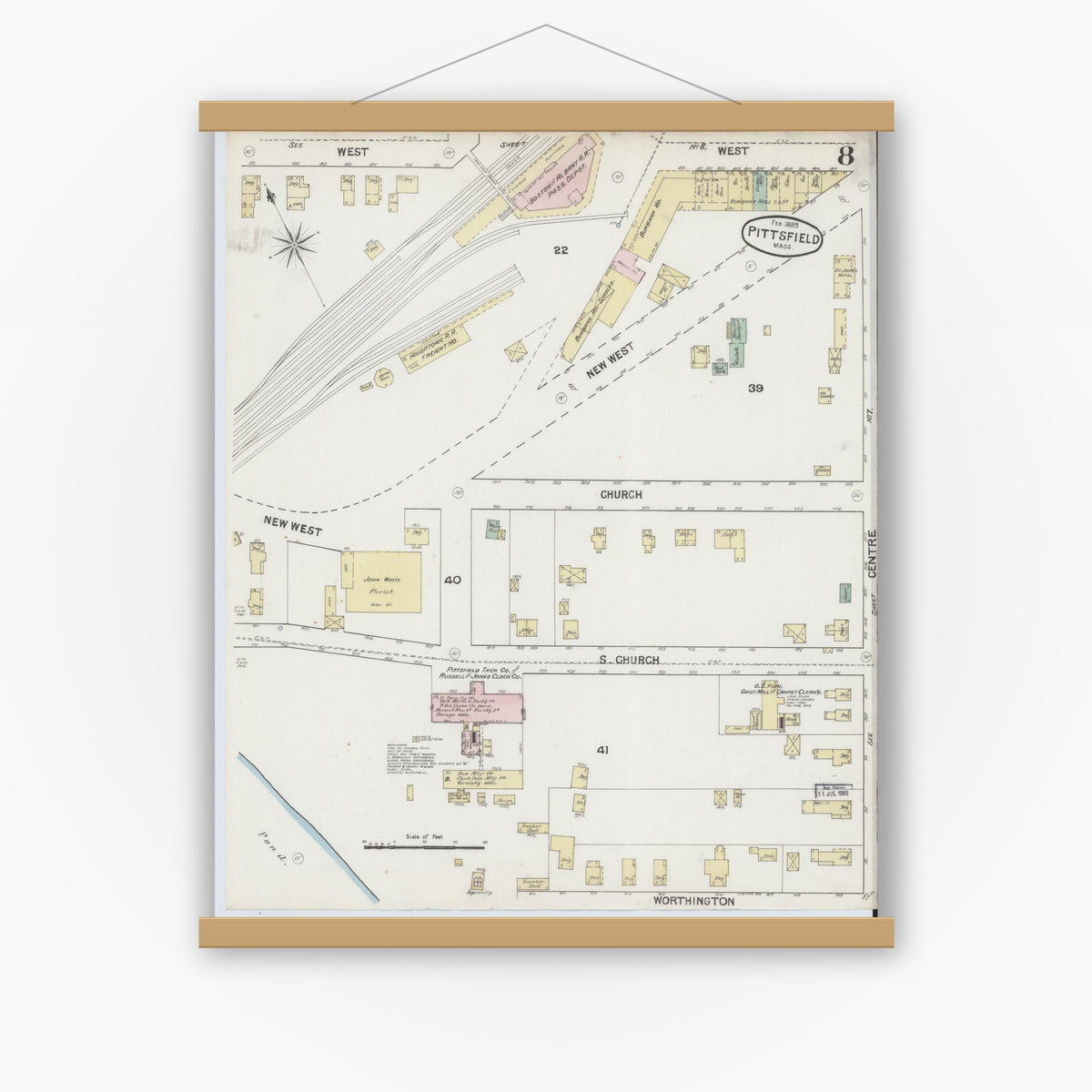 Old map wall art mockup — magnetic wood frame on white wall — Sanborn Fire Insurance Map from Pittsfield, Berkshire County, Massachusetts (1889), Sheet #0008