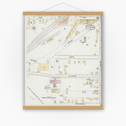Old map wall art mockup — magnetic wood frame on white wall — Sanborn Fire Insurance Map from Pittsfield, Berkshire County, Massachusetts (1889), Sheet #0008