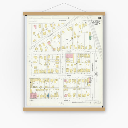 Old map wall art mockup — magnetic wood frame on white wall — Sanborn Fire Insurance Map from Fostoria, Seneca, Hancock, And Wood Counties, Ohio (1908), Sheet #0013