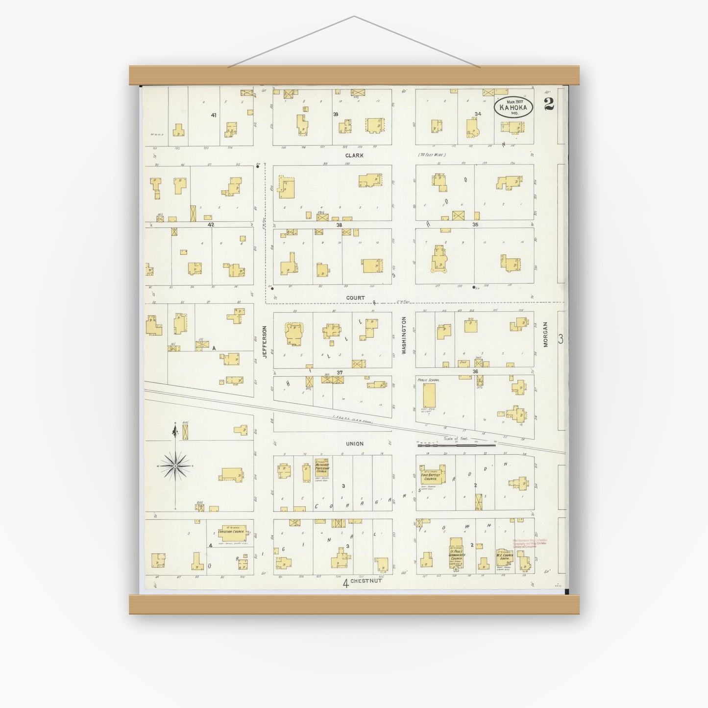 Old map wall art mockup — magnetic wood frame on white wall — Sanborn Fire Insurance Map from Kahoka, Clark County, Missouri (1907), Sheet #0002