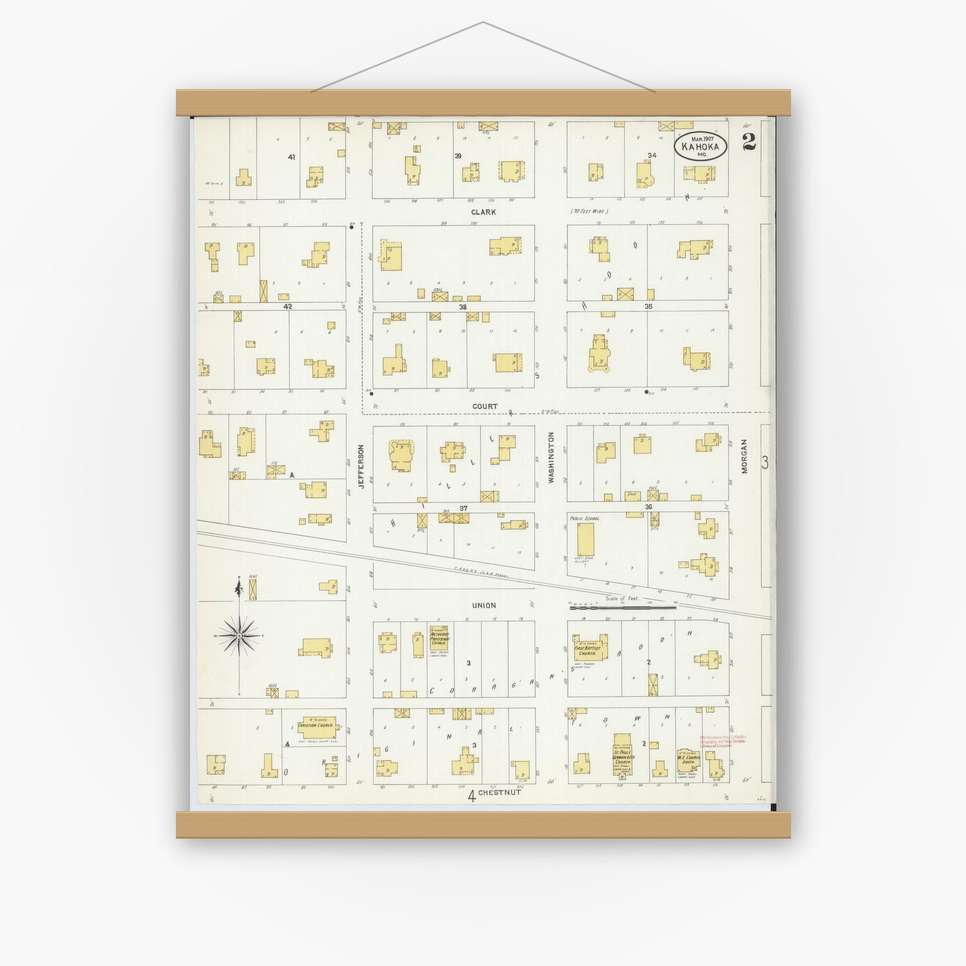 Old map wall art mockup — magnetic wood frame on white wall — Sanborn Fire Insurance Map from Kahoka, Clark County, Missouri (1907), Sheet #0002