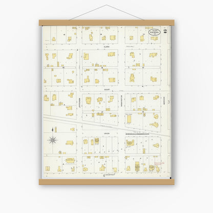 Old map wall art mockup — magnetic wood frame on white wall — Sanborn Fire Insurance Map from Kahoka, Clark County, Missouri (1907), Sheet #0002