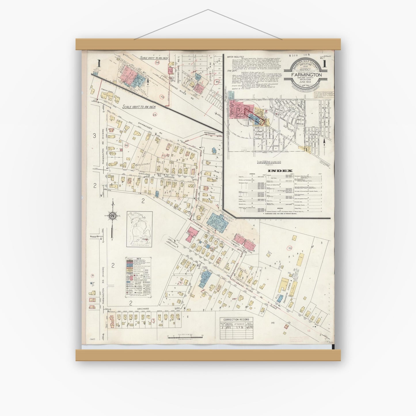 Old map wall art mockup — magnetic wood frame on white wall — Sanborn Fire Insurance Map from Farmington, Oakland County, Michigan (1943) - Complete Map Set