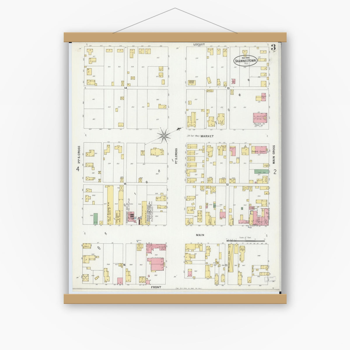 Old map wall art mockup — magnetic wood frame on white wall — Sanborn Fire Insurance Map from Shawneetown, Gallatin County, Illinois (1899), Sheet #0003