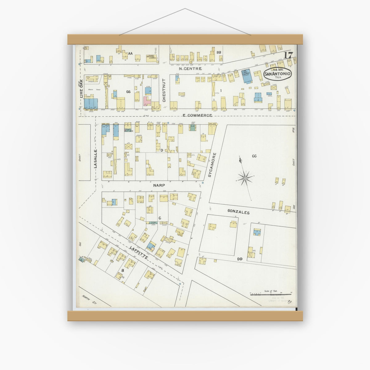 Old map wall art mockup — magnetic wood frame on white wall — Sanborn Fire Insurance Map from San Antonio, Bexar County, Texas (1892), Sheet #0017