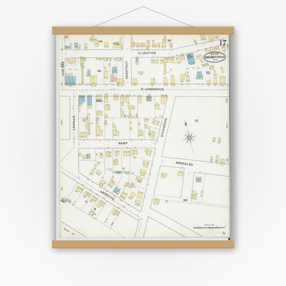 Old map wall art mockup — magnetic wood frame on white wall — Sanborn Fire Insurance Map from San Antonio, Bexar County, Texas (1892), Sheet #0017