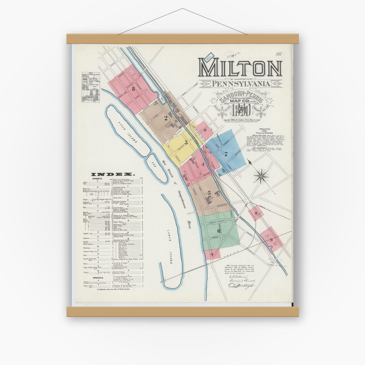 Old map wall art mockup — magnetic wood frame on white wall — Sanborn Fire Insurance Map from Milton, Northumberland County, Pennsylvania (1890) - Complete Map Set