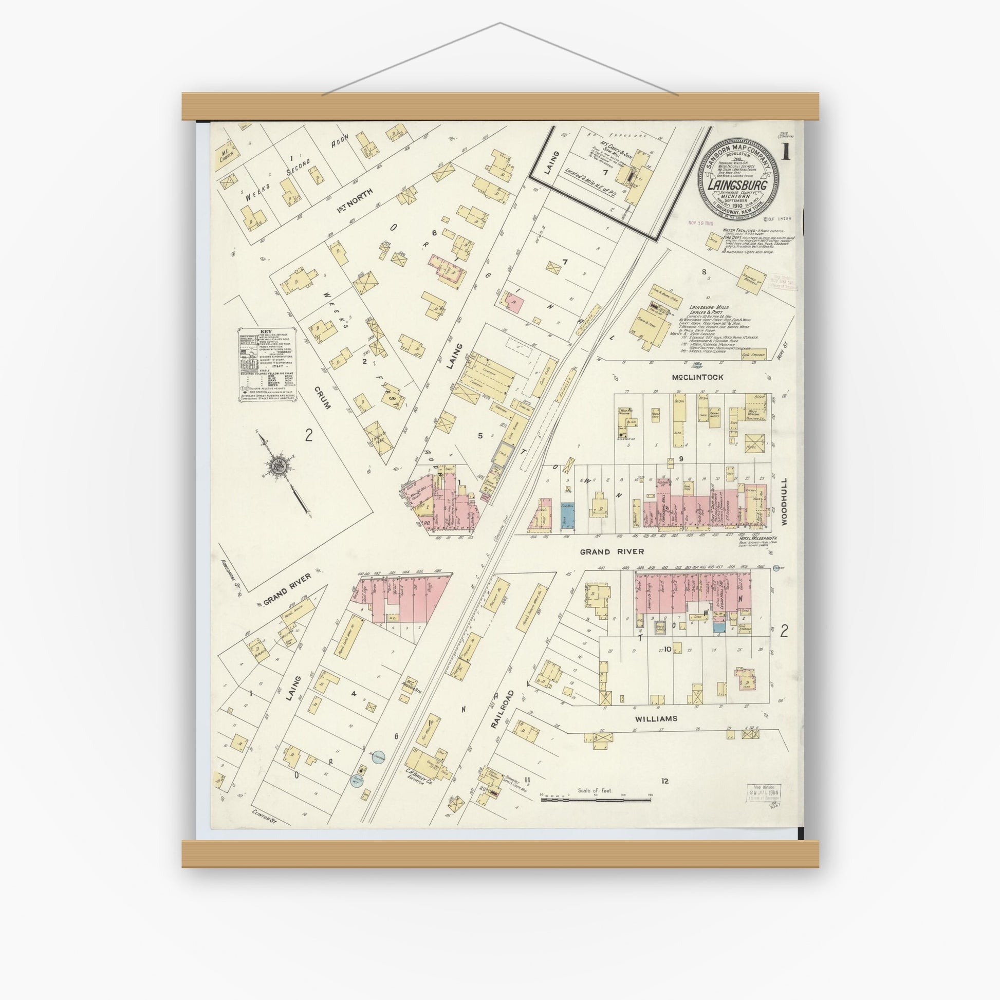 Old map wall art mockup — magnetic wood frame on white wall — Sanborn Fire Insurance Map from Laingsburg, Shiawassee County, Michigan (1910) - Complete Map Set