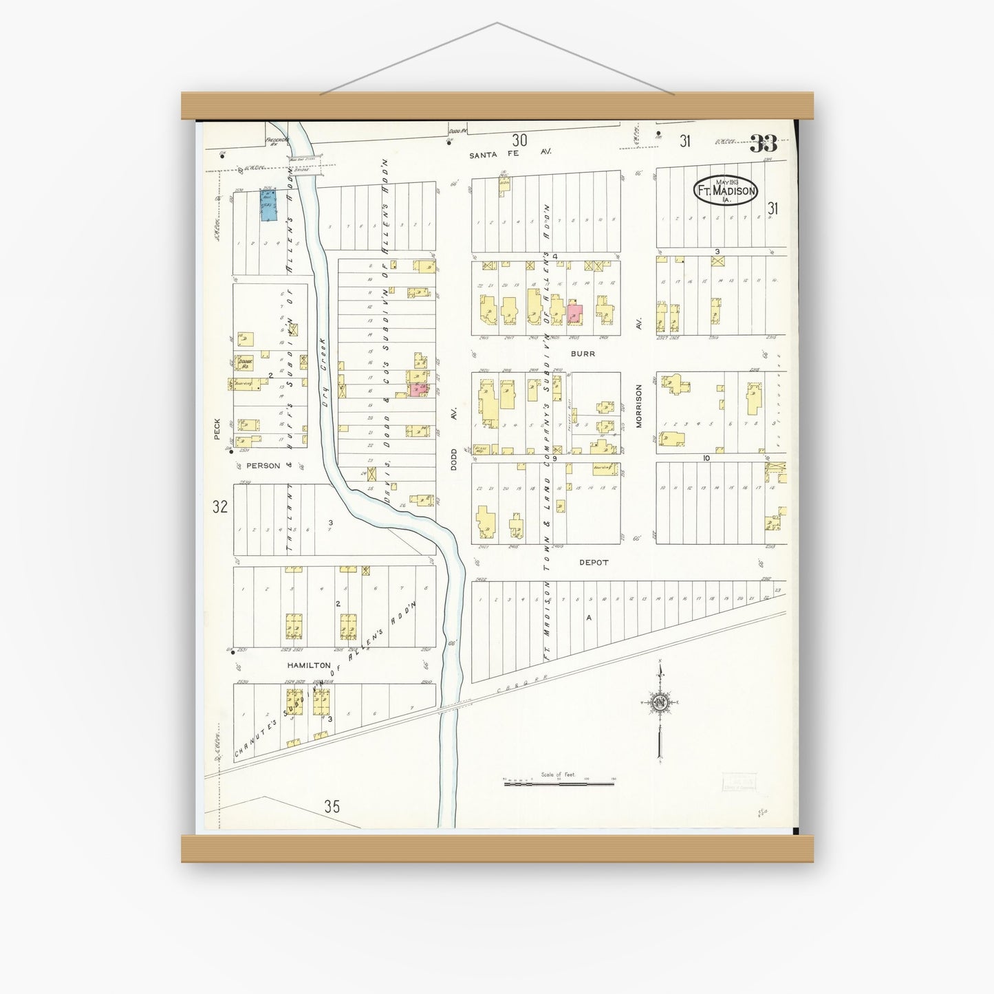 Old map wall art mockup — magnetic wood frame on white wall — Sanborn Fire Insurance Map from Fort Madison, Lee County, Iowa (1913), Sheet #0033