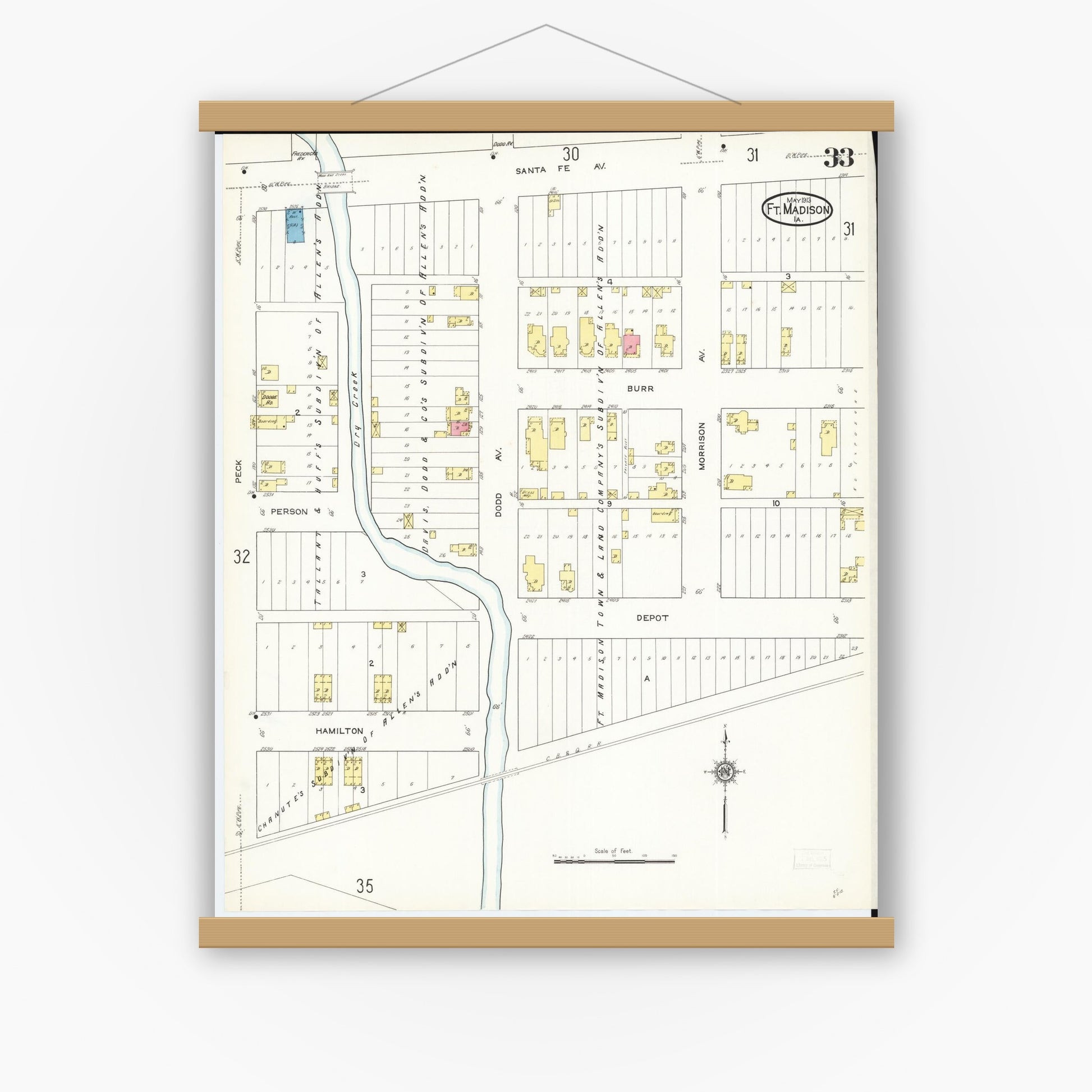 Old map wall art mockup — magnetic wood frame on white wall — Sanborn Fire Insurance Map from Fort Madison, Lee County, Iowa (1913), Sheet #0033