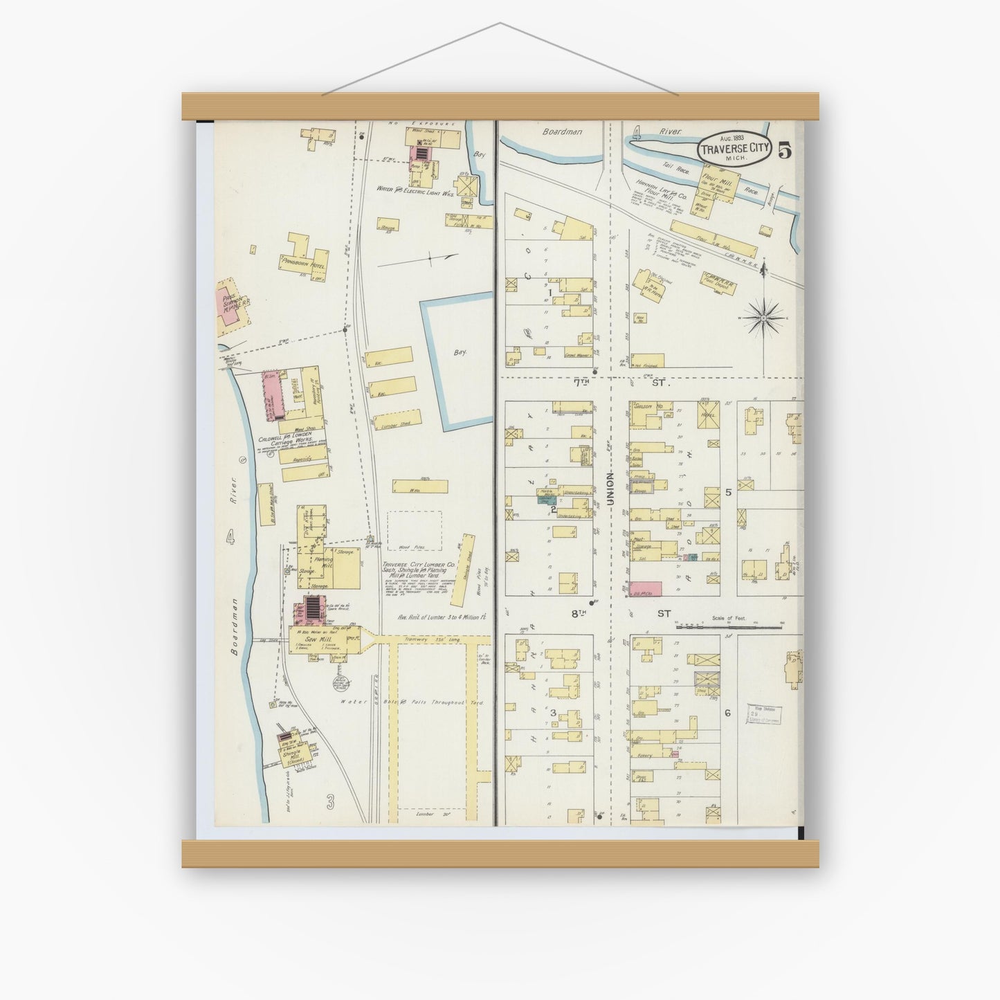 Old map wall art mockup — magnetic wood frame on white wall — Sanborn Fire Insurance Map from Traverse City, Grand Traverse County, Michigan (1893), Sheet #0005