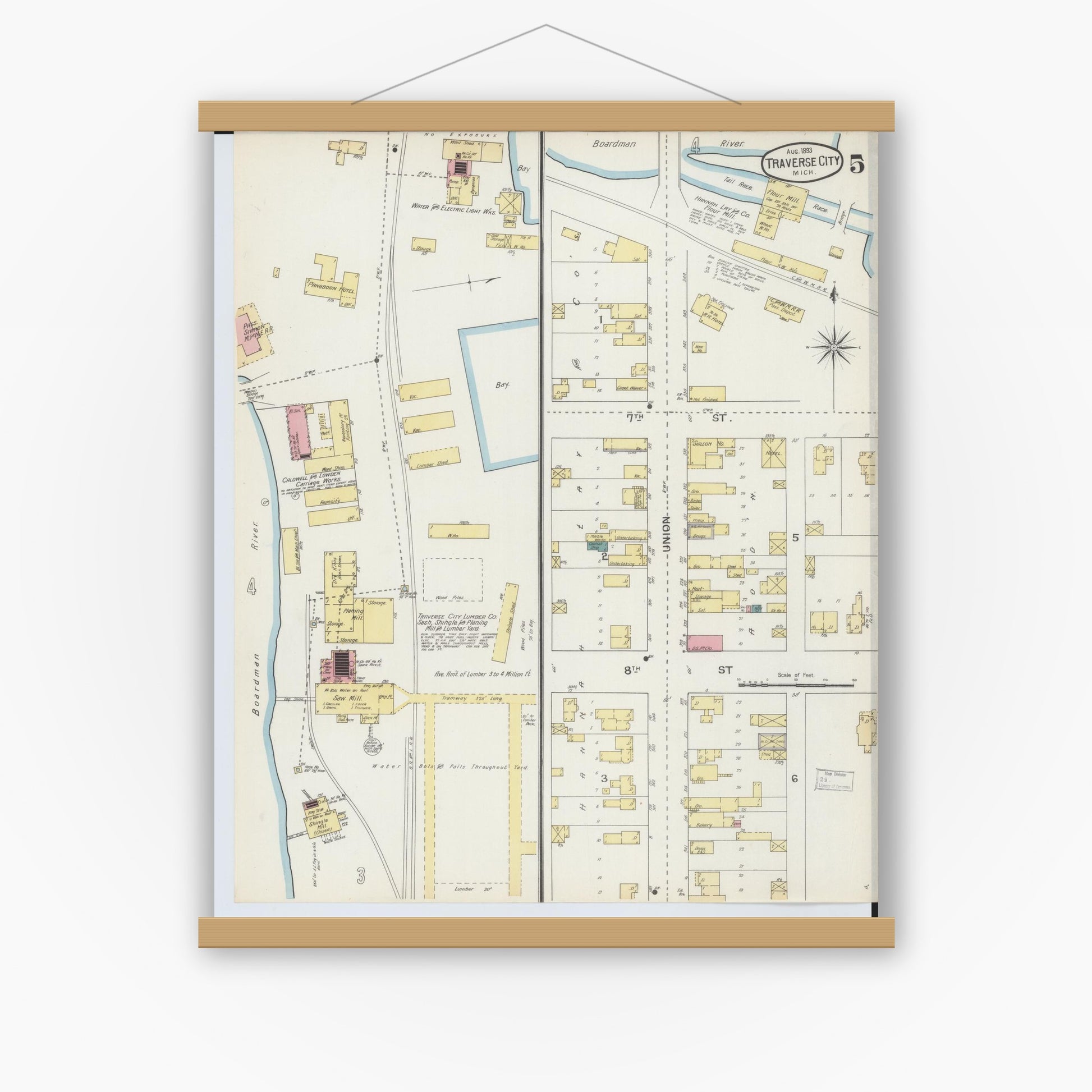 Old map wall art mockup — magnetic wood frame on white wall — Sanborn Fire Insurance Map from Traverse City, Grand Traverse County, Michigan (1893), Sheet #0005