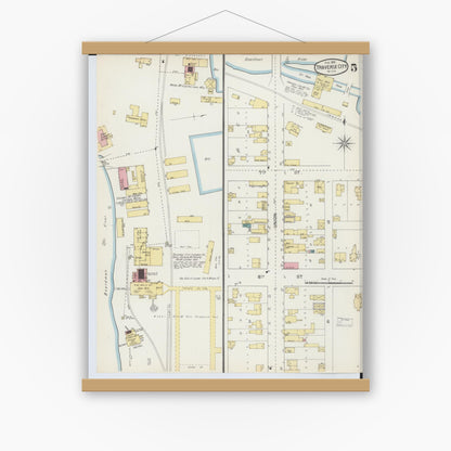 Old map wall art mockup — magnetic wood frame on white wall — Sanborn Fire Insurance Map from Traverse City, Grand Traverse County, Michigan (1893), Sheet #0005