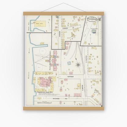 Old map wall art mockup — magnetic wood frame on white wall — Sanborn Fire Insurance Map from Poughkeepsie, Dutchess County, New York (1887), Sheet #0002
