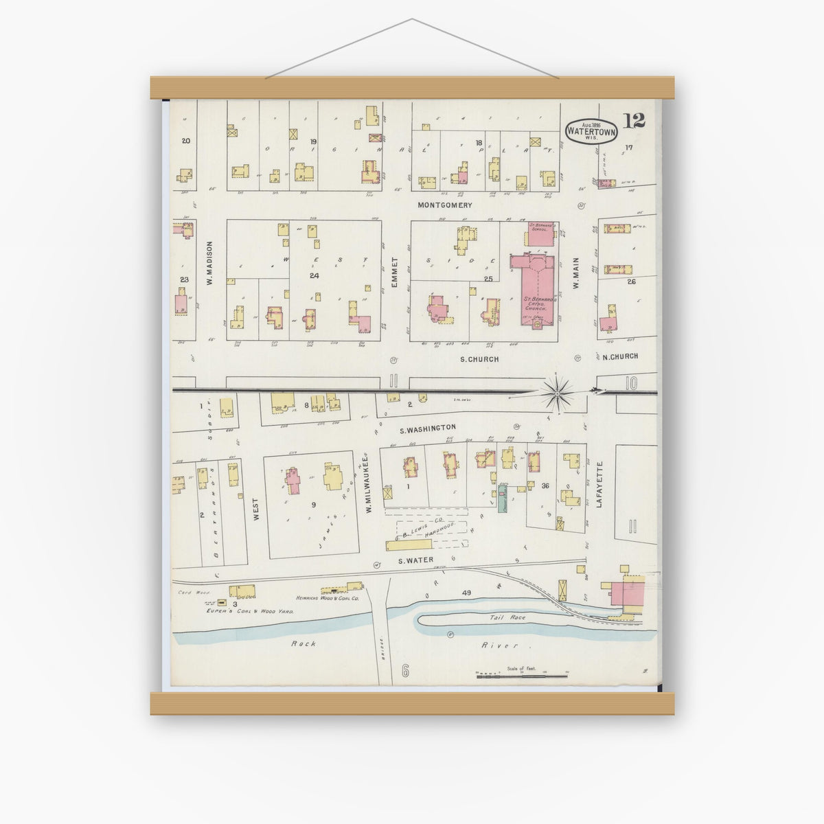 Old map wall art mockup — magnetic wood frame on white wall — Sanborn Fire Insurance Map from Watertown, Jefferson County, Wisconsin (1895), Sheet #0012