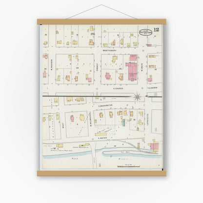 Old map wall art mockup — magnetic wood frame on white wall — Sanborn Fire Insurance Map from Watertown, Jefferson County, Wisconsin (1895), Sheet #0012