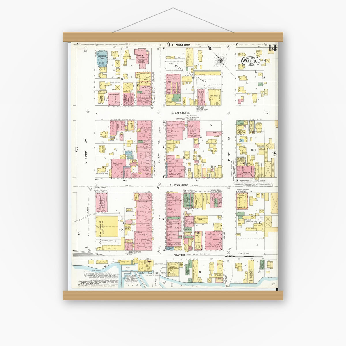 Old map wall art mockup — magnetic wood frame on white wall — Sanborn Fire Insurance Map from Waterloo, Black Hawk County, Iowa (1900), Sheet #0014