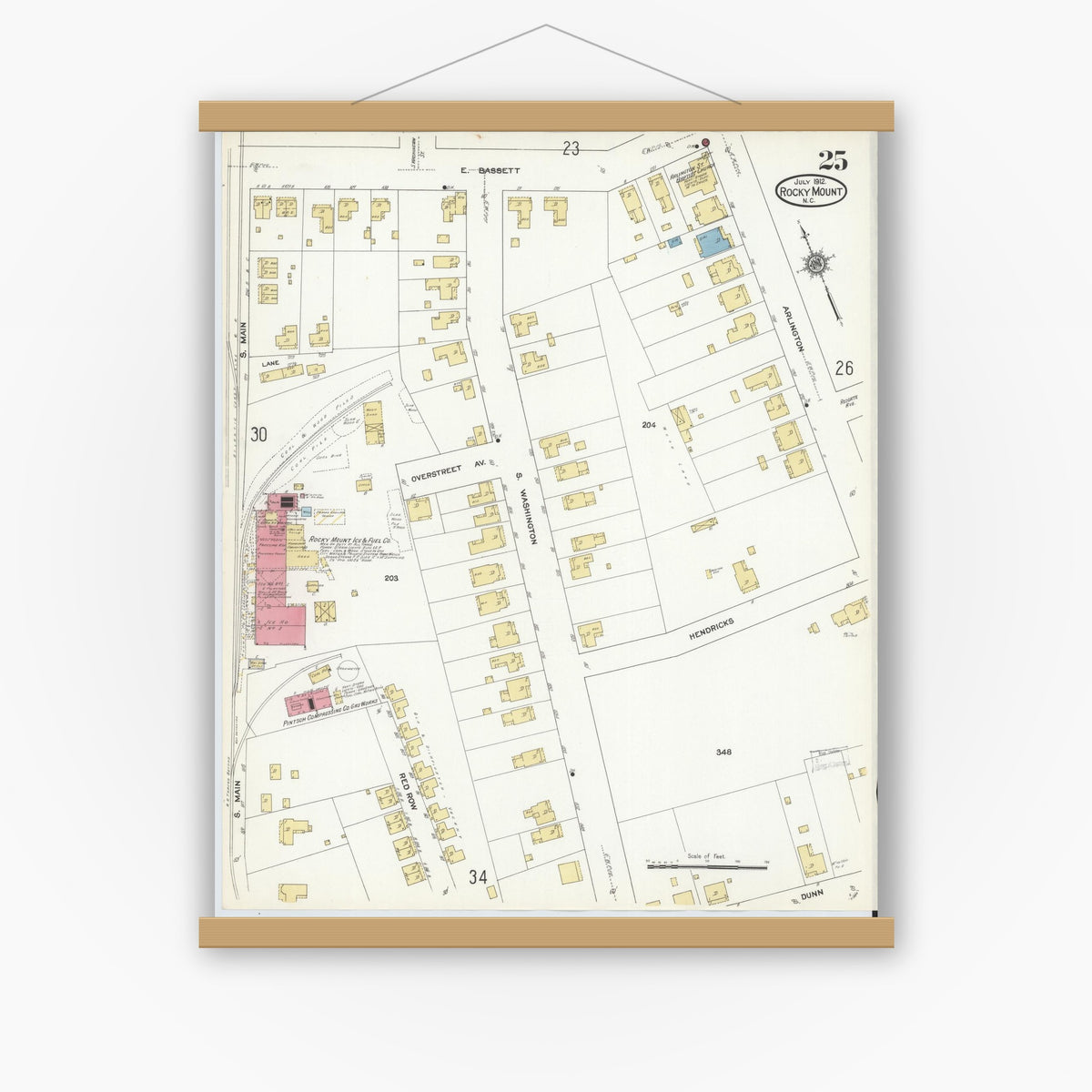 Old map wall art mockup — magnetic wood frame on white wall — Sanborn Fire Insurance Map from Rocky Mount, Edgecombe And Nash Counties, North Carolina (1912), Sheet #0025