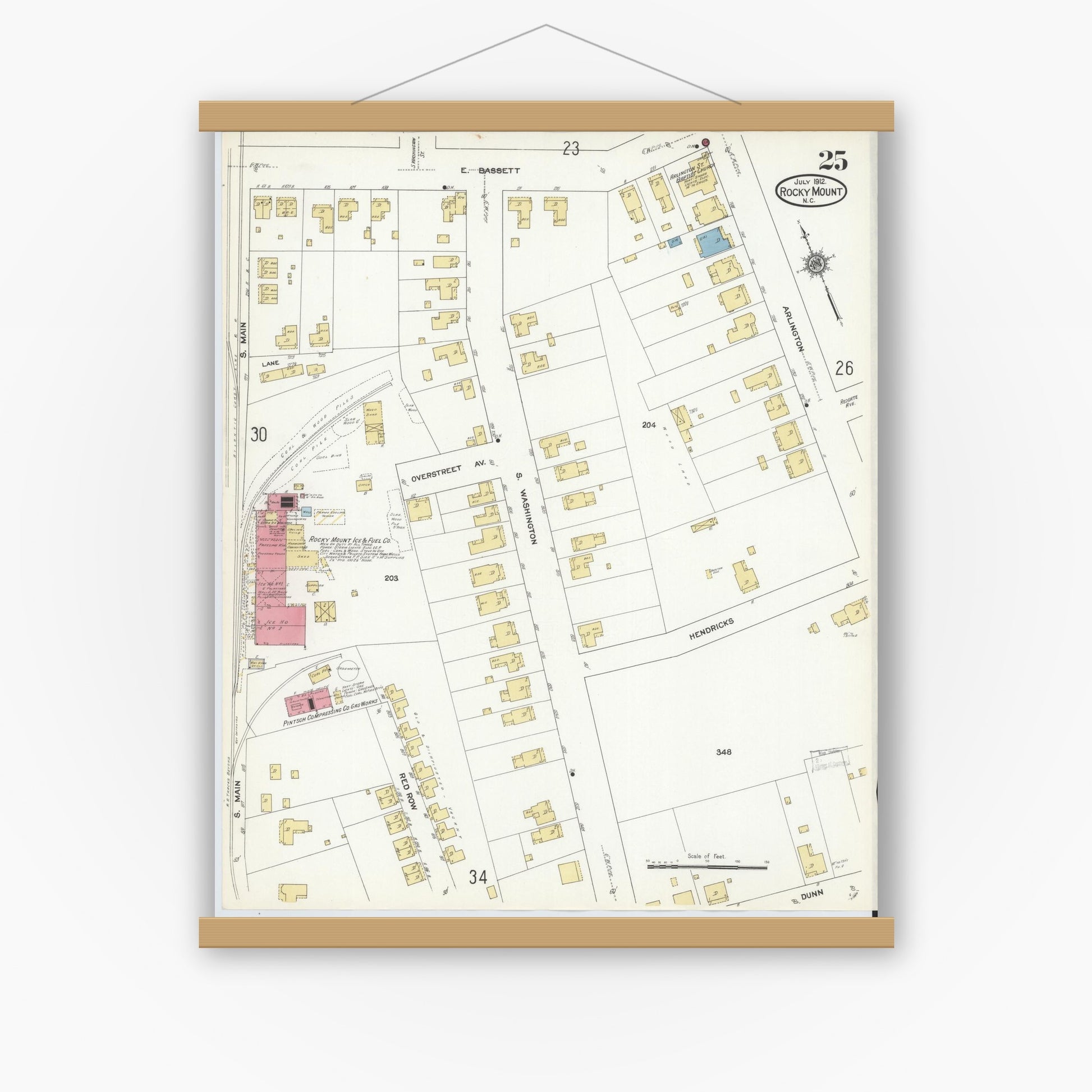 Old map wall art mockup — magnetic wood frame on white wall — Sanborn Fire Insurance Map from Rocky Mount, Edgecombe And Nash Counties, North Carolina (1912), Sheet #0025