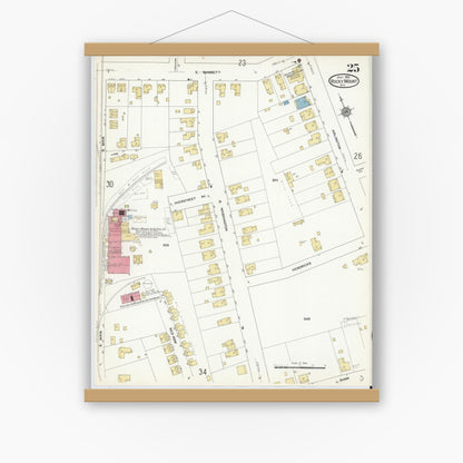 Old map wall art mockup — magnetic wood frame on white wall — Sanborn Fire Insurance Map from Rocky Mount, Edgecombe And Nash Counties, North Carolina (1912), Sheet #0025