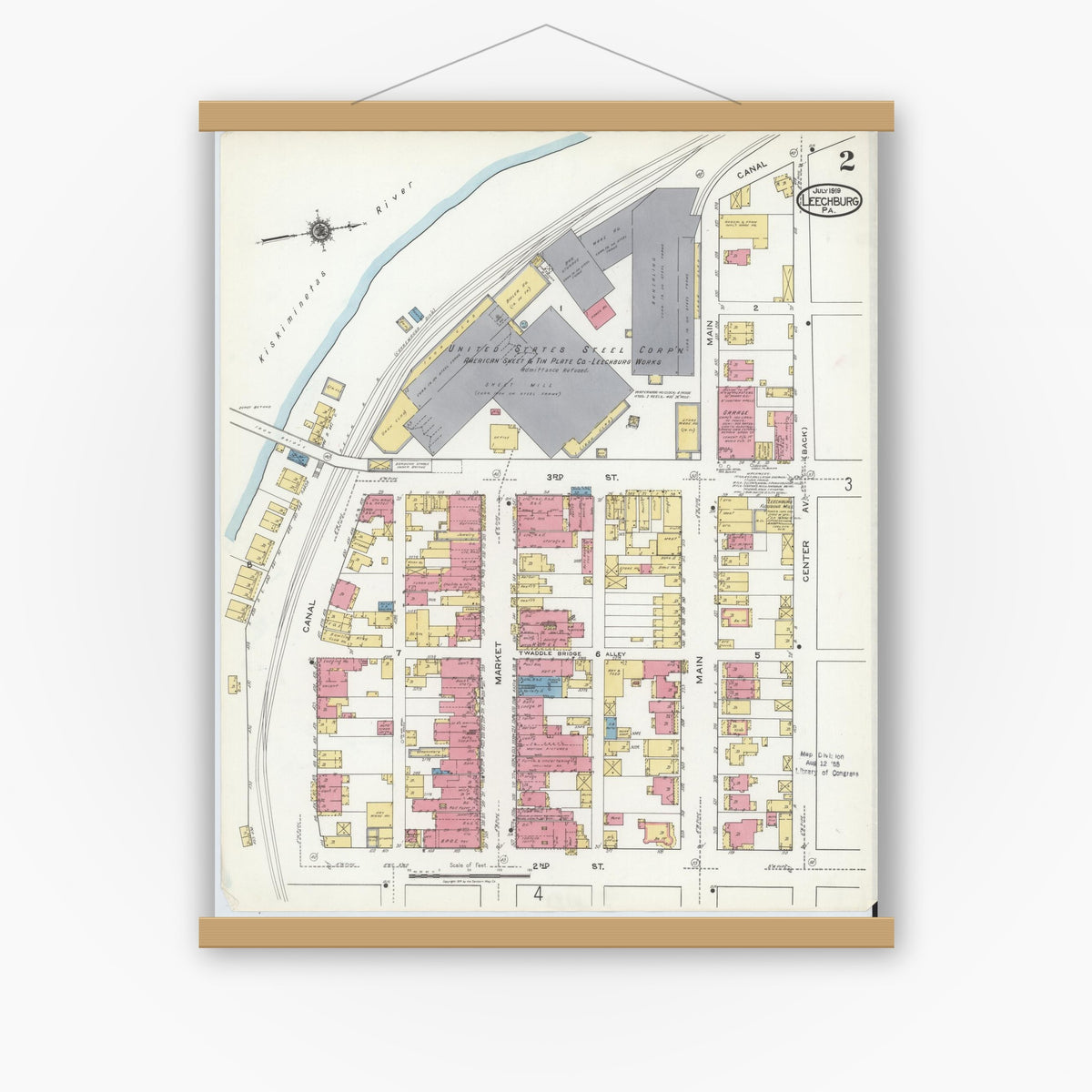 Old map wall art mockup — magnetic wood frame on white wall — Sanborn Fire Insurance Map from Leechburg, Armstrong County, Pennsylvania (1919), Sheet #0002