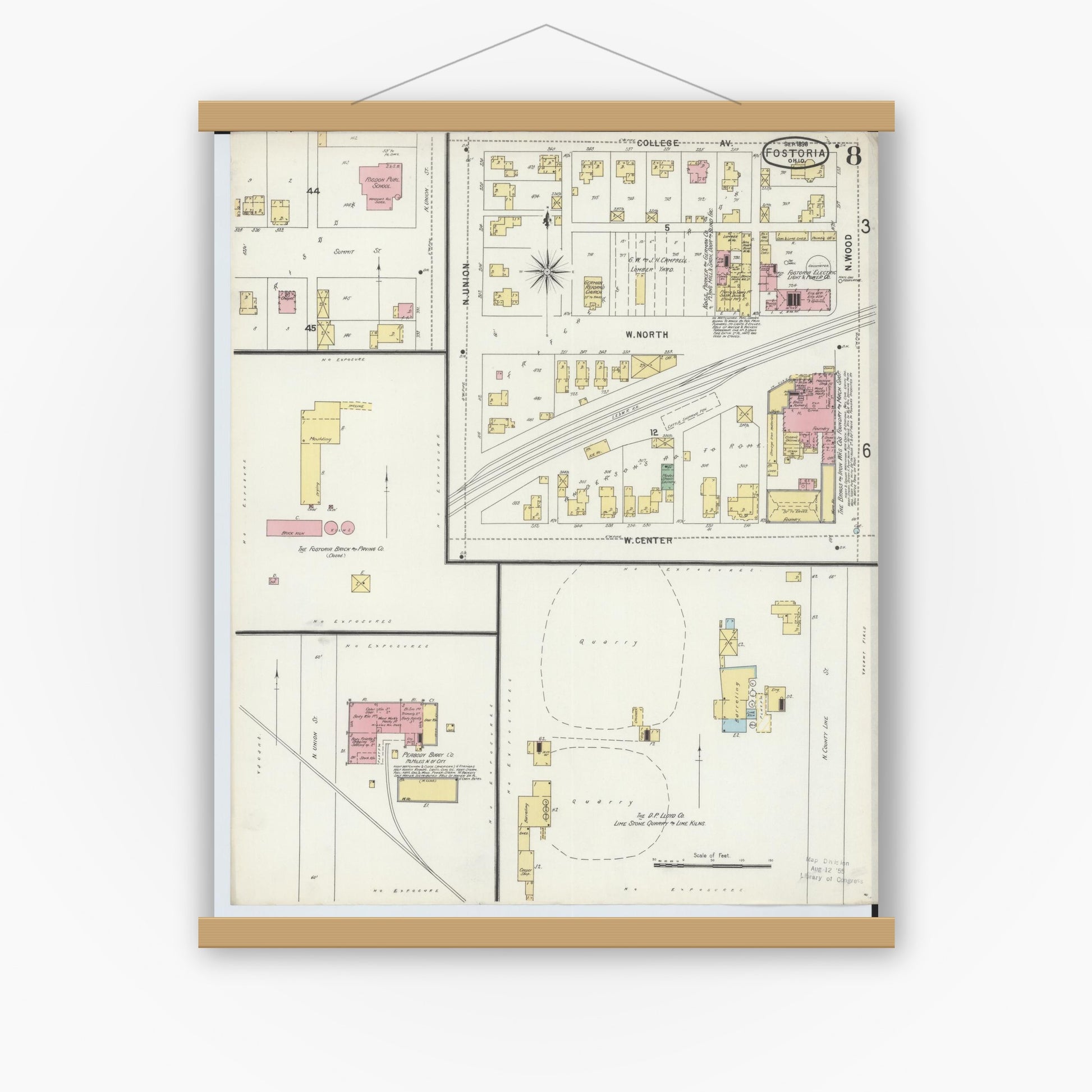Old map wall art mockup — magnetic wood frame on white wall — Sanborn Fire Insurance Map from Fostoria, Seneca, Hancock, And Wood Counties, Ohio (1896), Sheet #0008