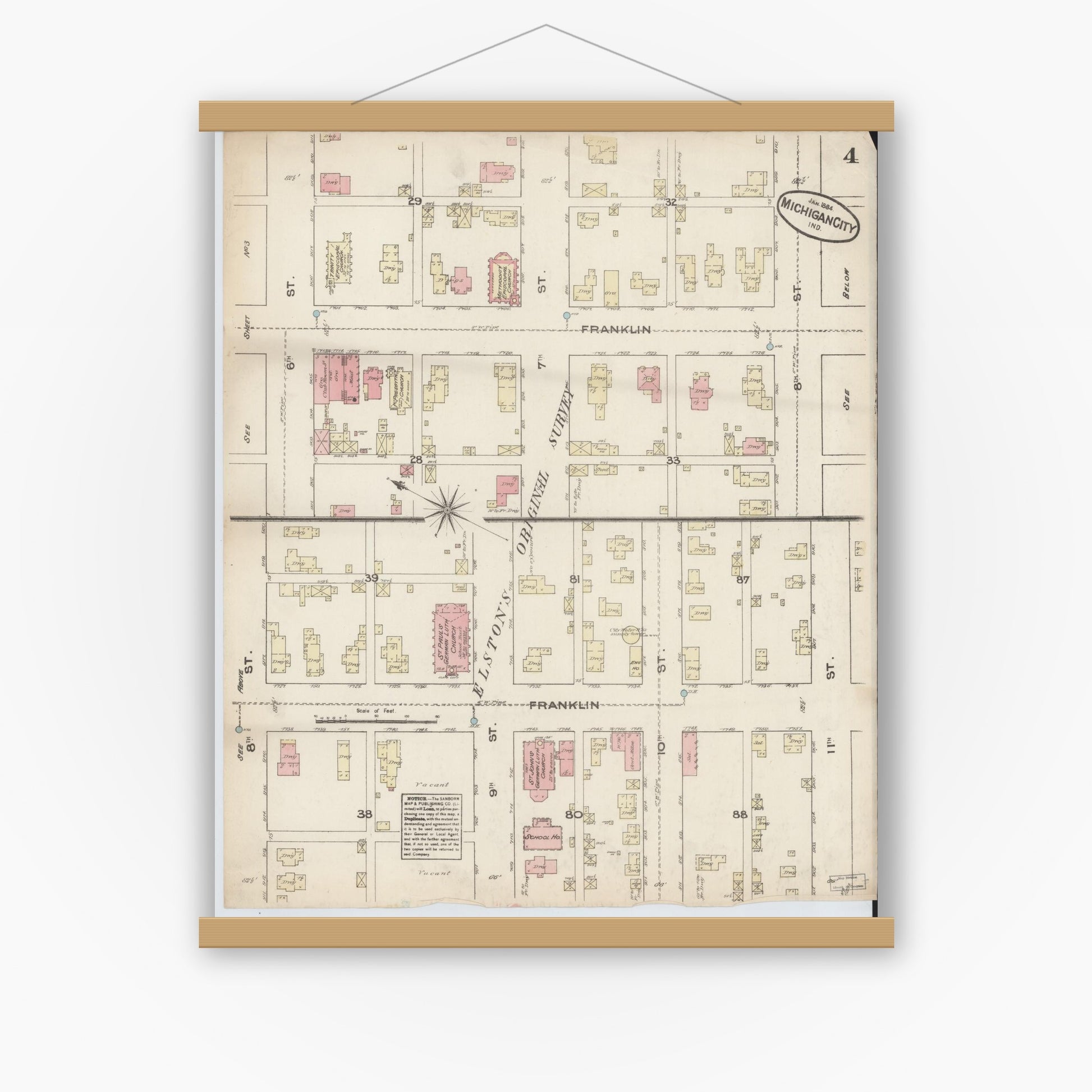 Old map wall art mockup — magnetic wood frame on white wall — Sanborn Fire Insurance Map from Michigan City, La Porte  County, Indiana (1884), Sheet #0004