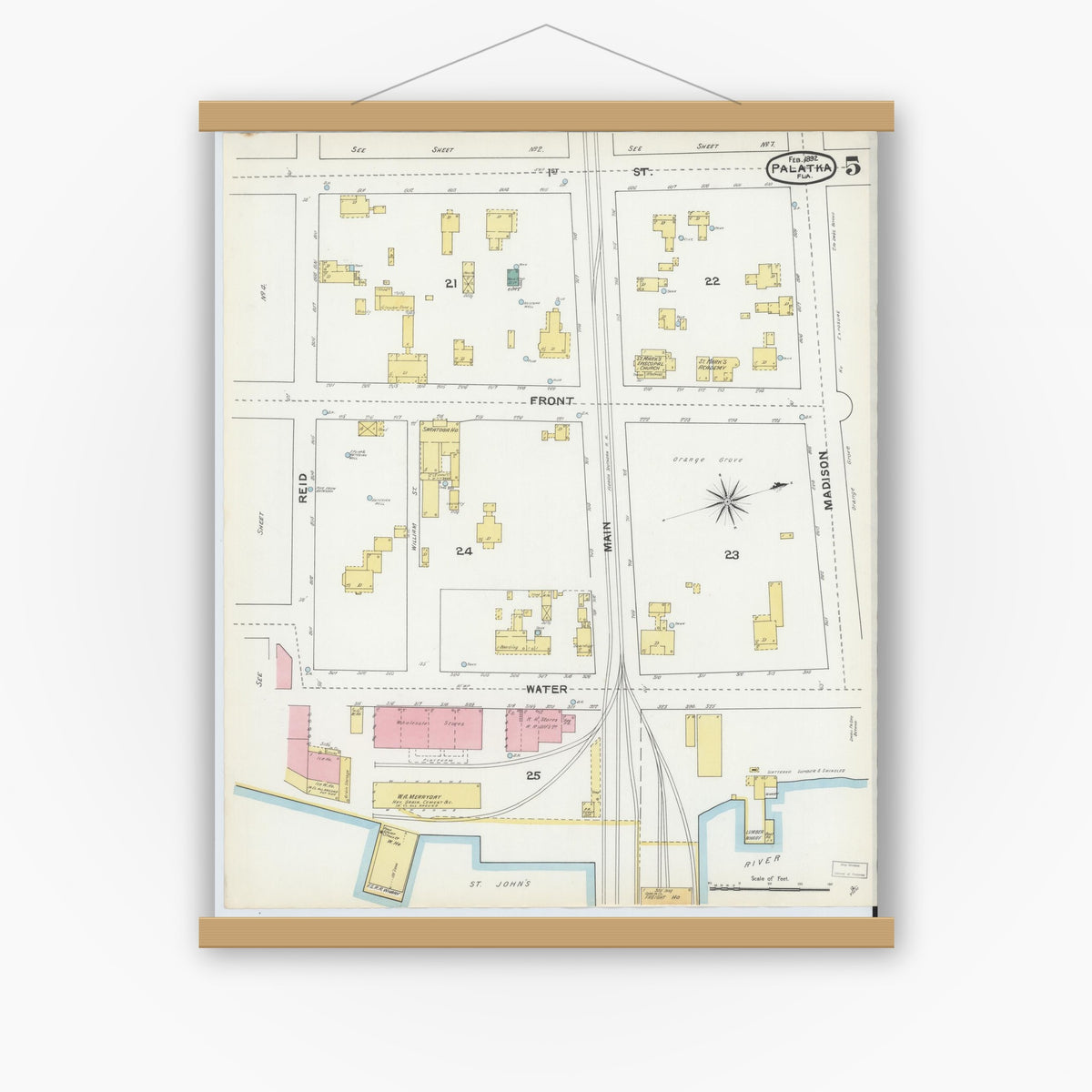 Old map wall art mockup — magnetic wood frame on white wall — Sanborn Fire Insurance Map from Palatka, Putnam County, Florida (1892), Sheet #0005