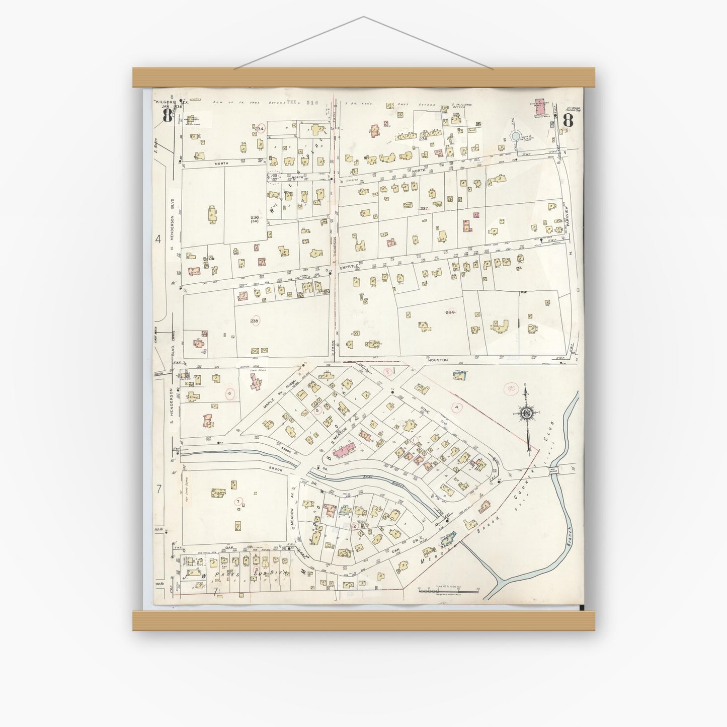 Old map wall art mockup — magnetic wood frame on white wall — Sanborn Fire Insurance Map from Kilgore, Gregg County, Texas (1950), Sheet #0008