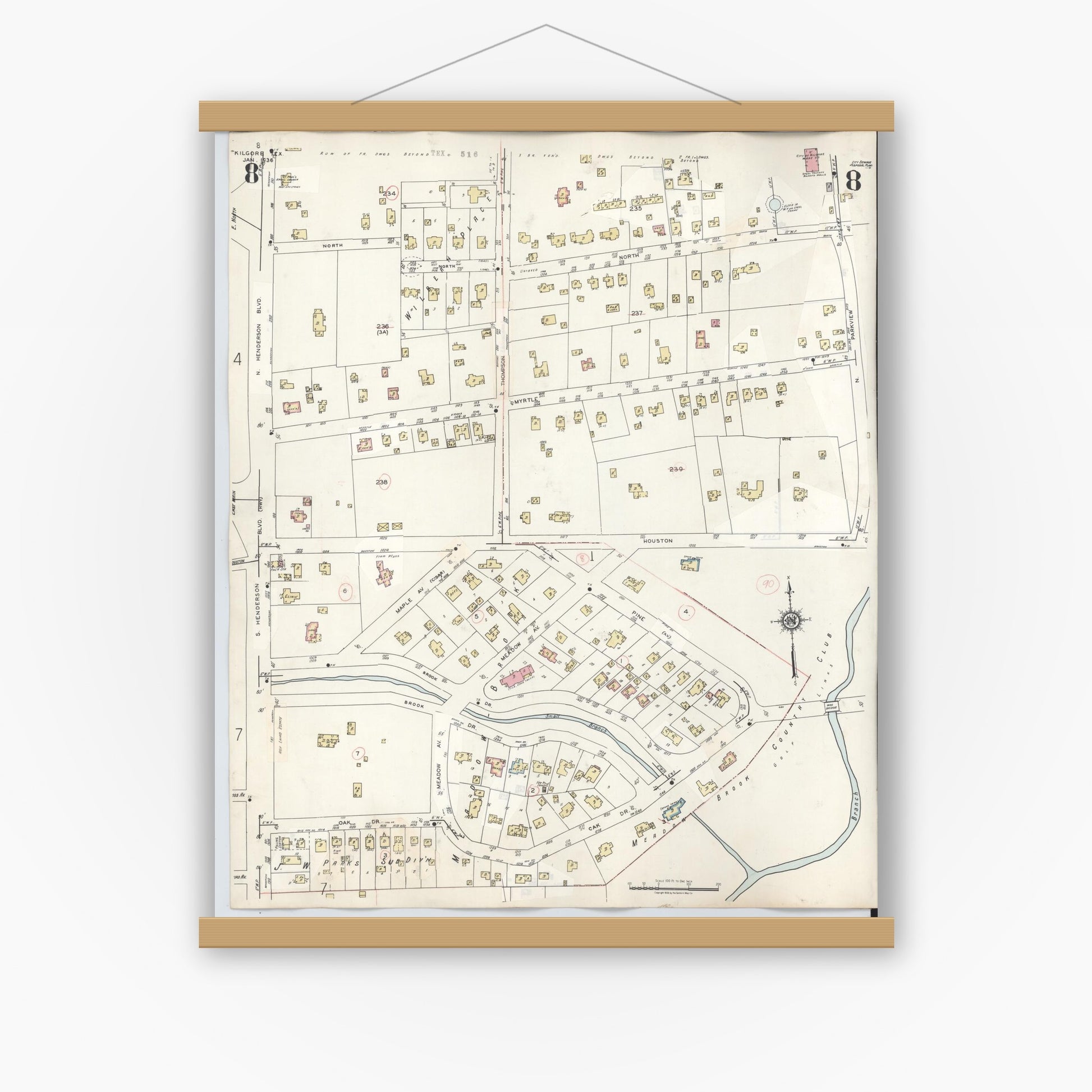 Old map wall art mockup — magnetic wood frame on white wall — Sanborn Fire Insurance Map from Kilgore, Gregg County, Texas (1950), Sheet #0008