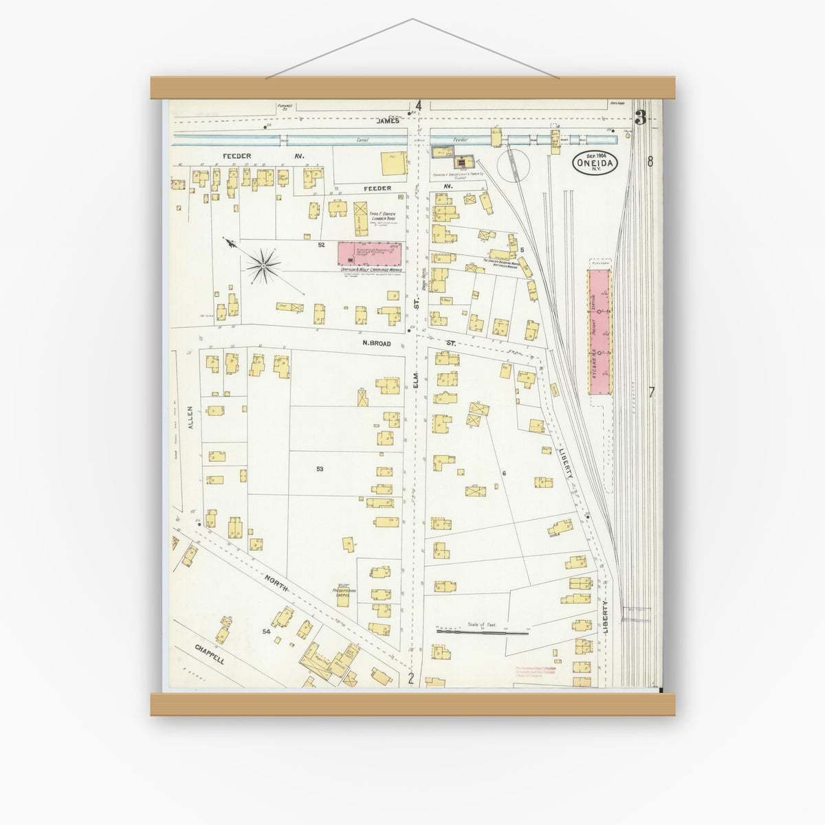 Old map wall art mockup — magnetic wood frame on white wall — Sanborn Fire Insurance Map from Oneida, Madison County, New York (1904), Sheet #0002