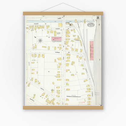 Old map wall art mockup — magnetic wood frame on white wall — Sanborn Fire Insurance Map from Oneida, Madison County, New York (1904), Sheet #0002