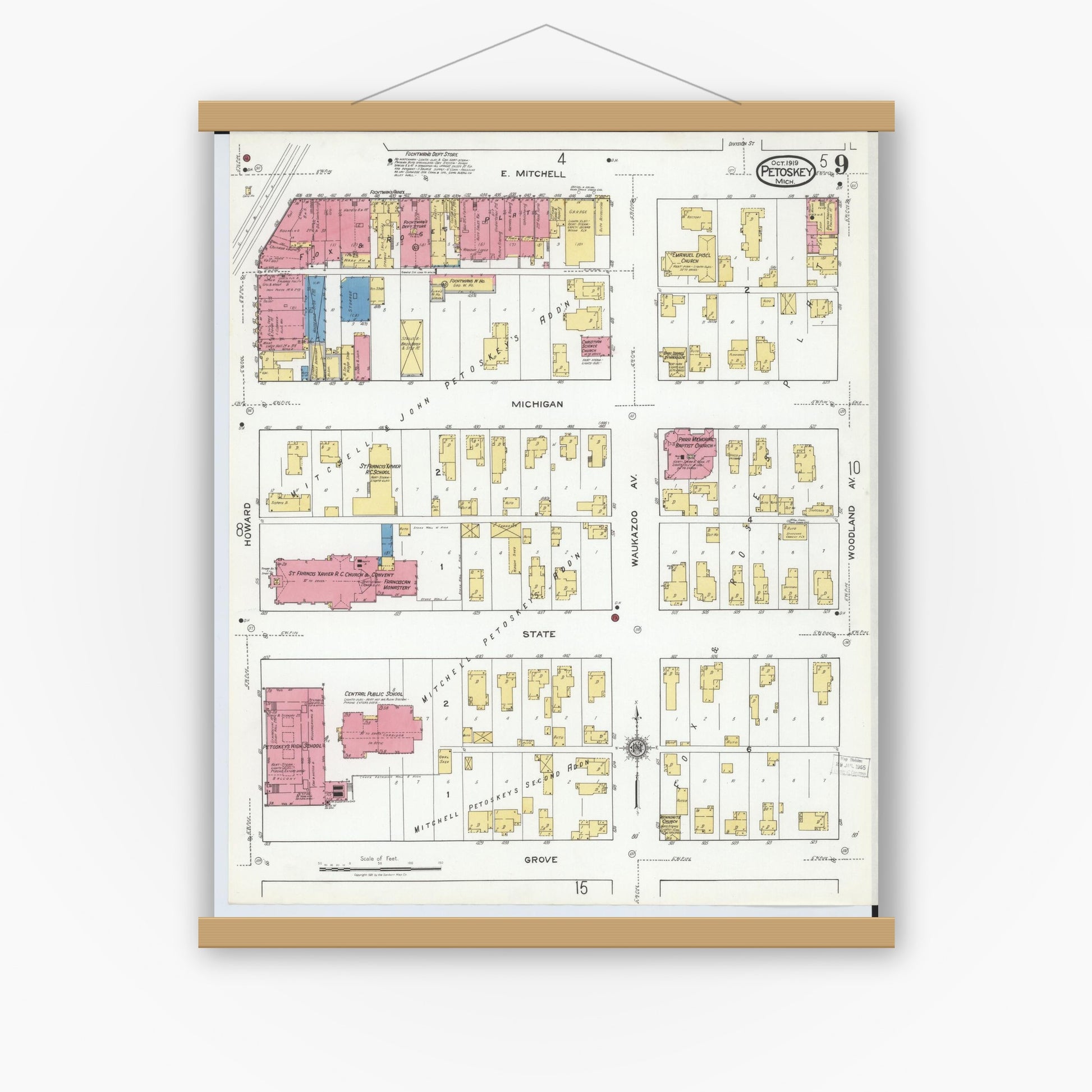 Old map wall art mockup — magnetic wood frame on white wall — Sanborn Fire Insurance Map from Petoskey, Emmet County, Michigan (1919), Sheet #0009