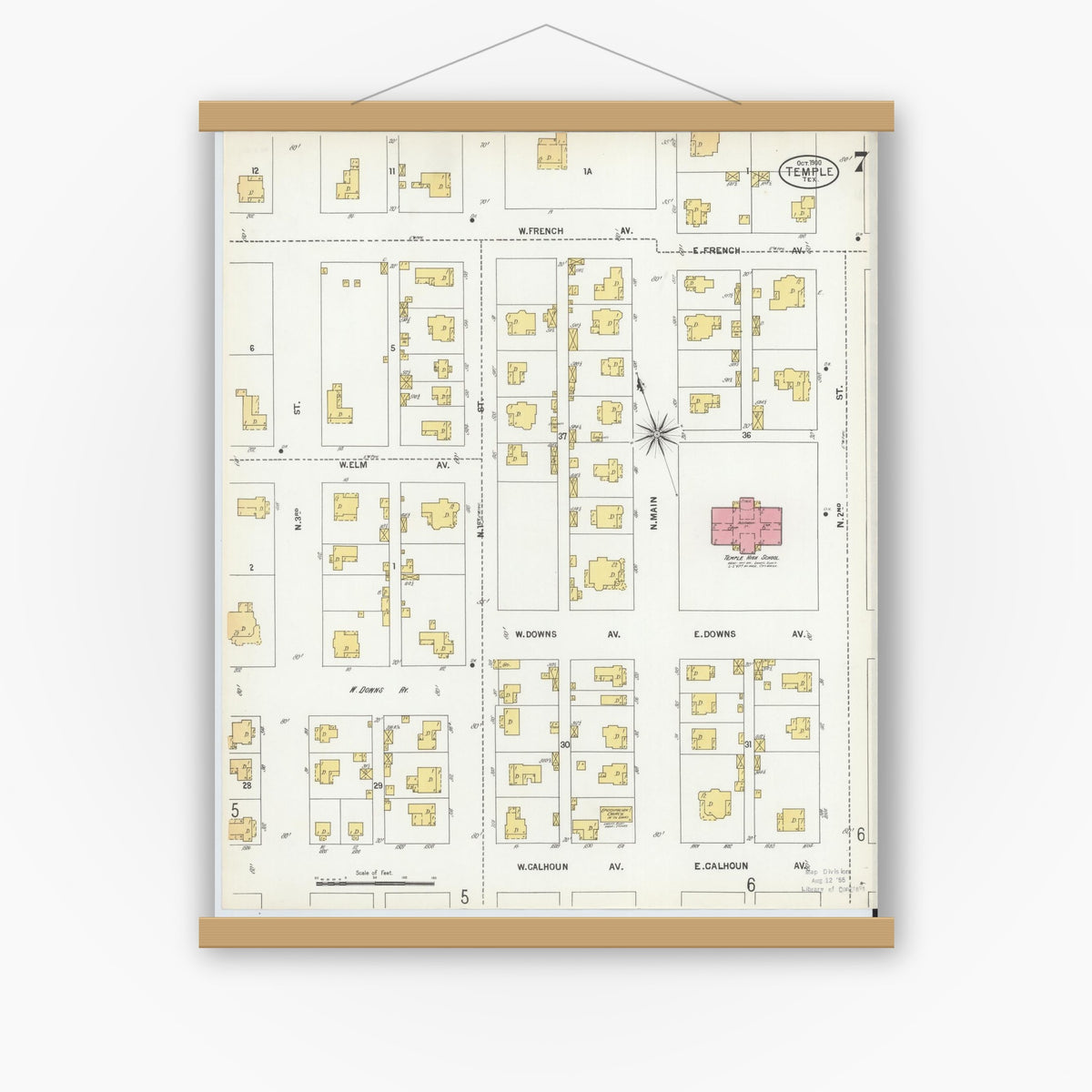 Old map wall art mockup — magnetic wood frame on white wall — Sanborn Fire Insurance Map from Temple, Bell County, Texas (1900), Sheet #0007